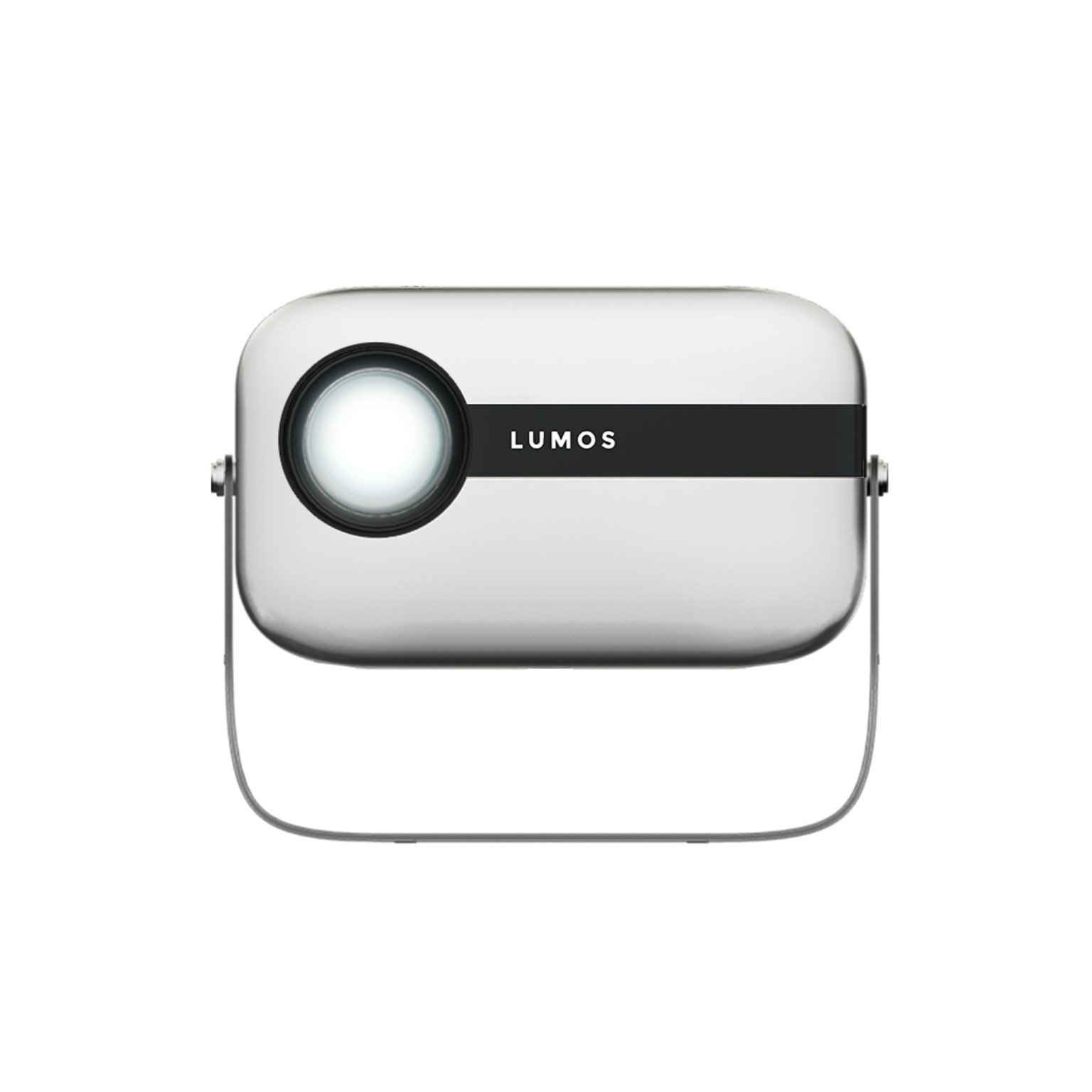 LUMOS FLOAT home cinema projector with a white body, black front panel and adjustable stand