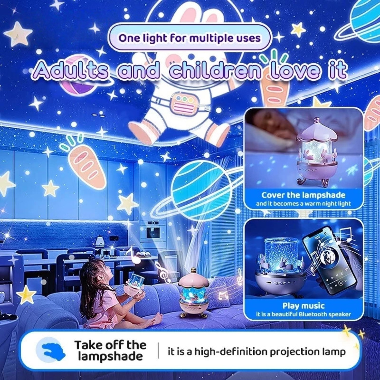 Starry sky projector night light and music box with a purple lamp, projected stars and music playback illustration